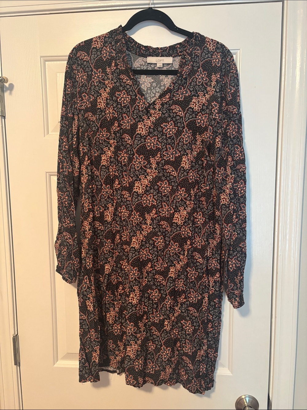 LOFT Navy Dress with Burnt Orange Print and V-Neck